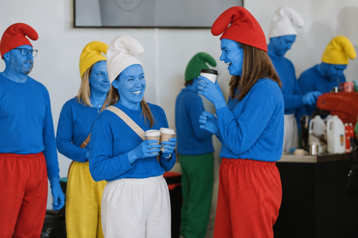 Smurfs chatting over coffee after church