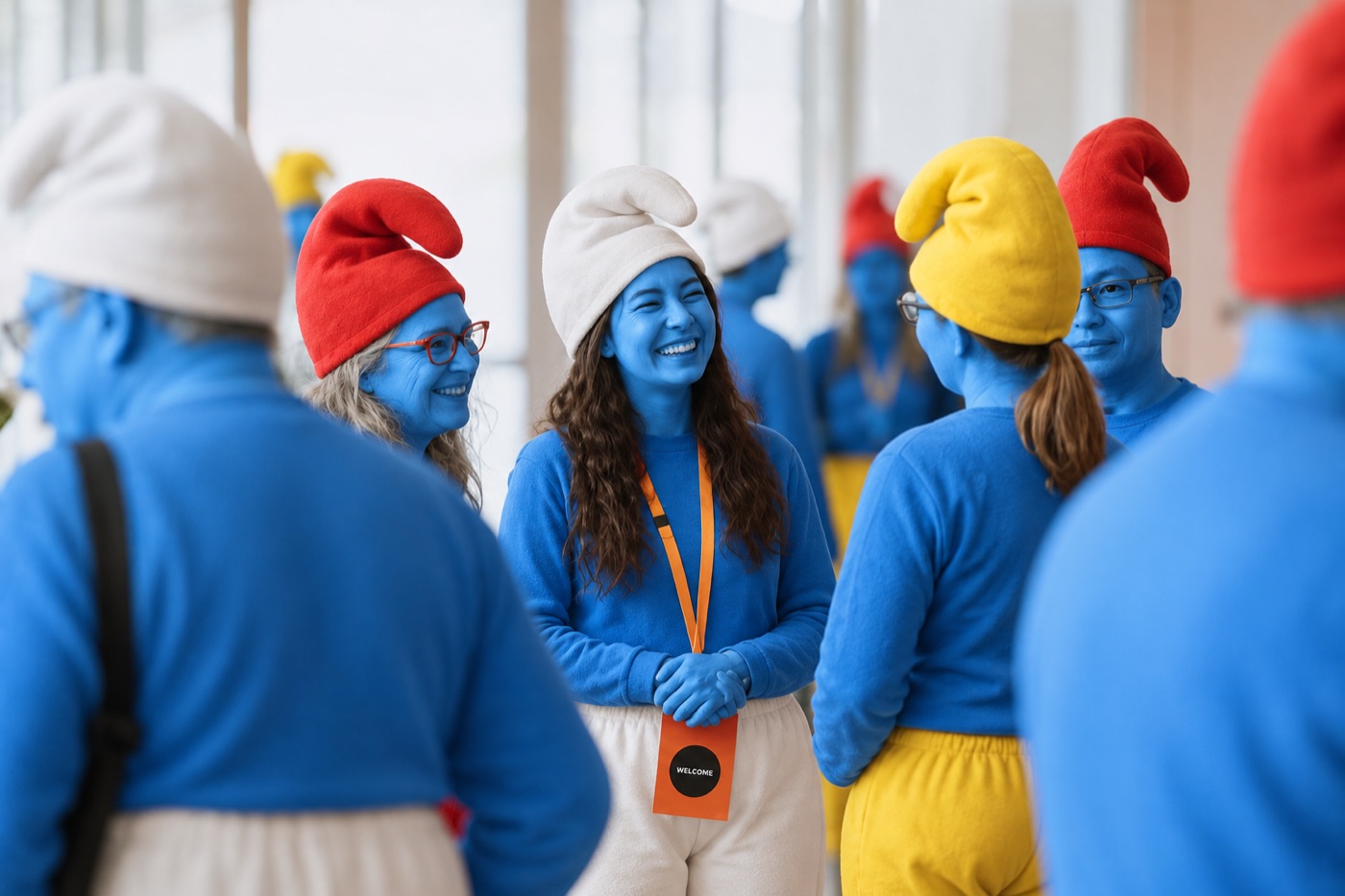 The church foyer full of smurfs chatting after a service