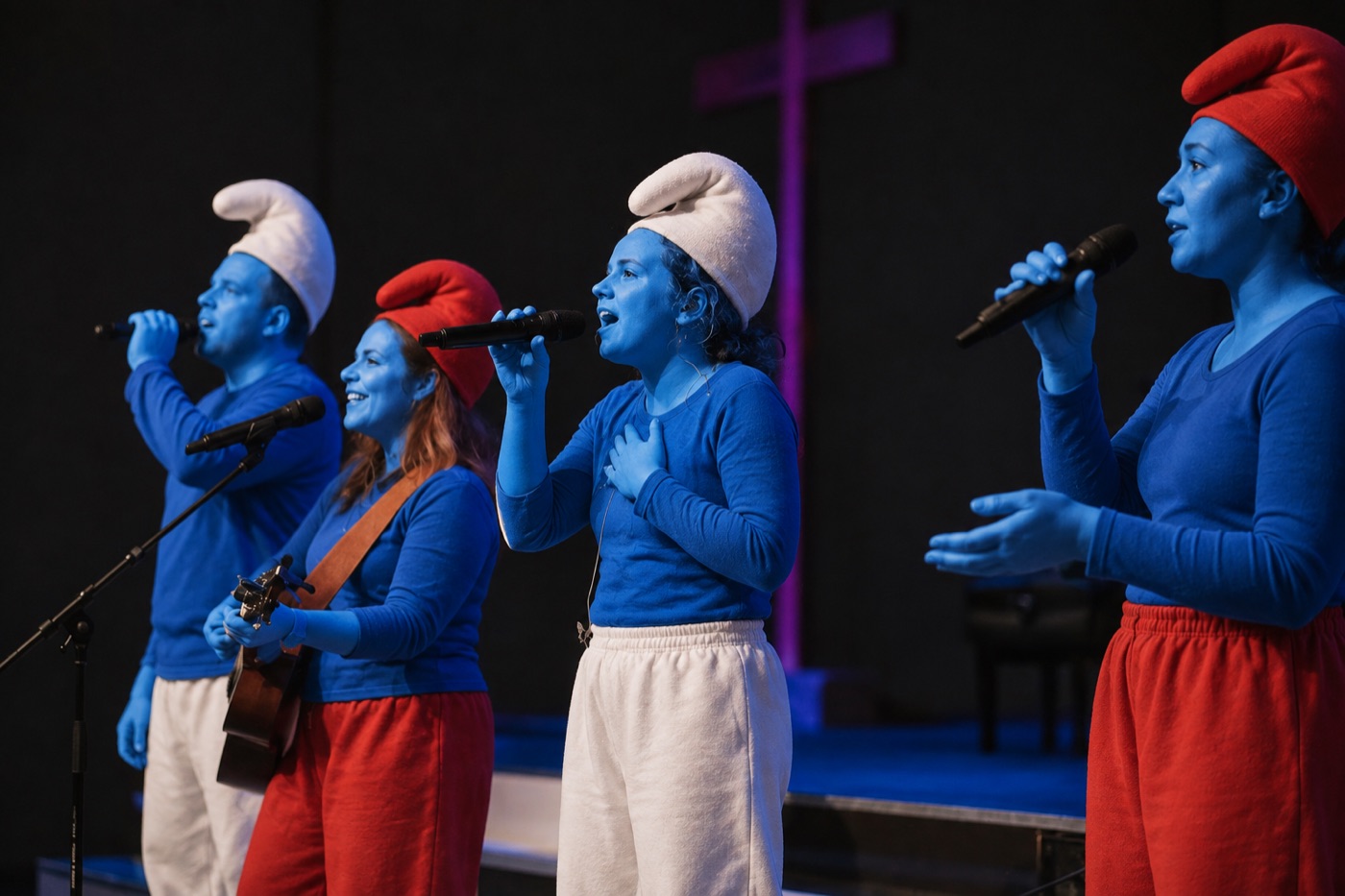 Smurfs leading worship on a Sunday